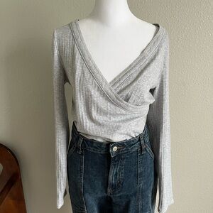 Aerie Light Gray Ribbed Wrap Body Suit